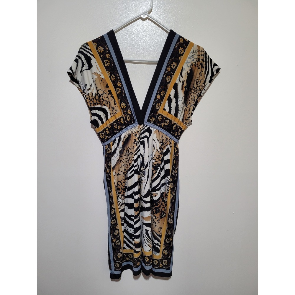 Olivia Matthews Mini Dress Women S Black Gold Zebra Scarf Print V-Neck